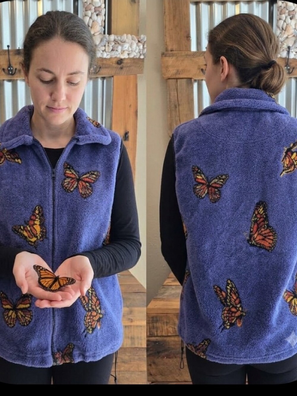 Vtg Monarch Butterfly Purple Fleece Vest Sz L Mazmania USA